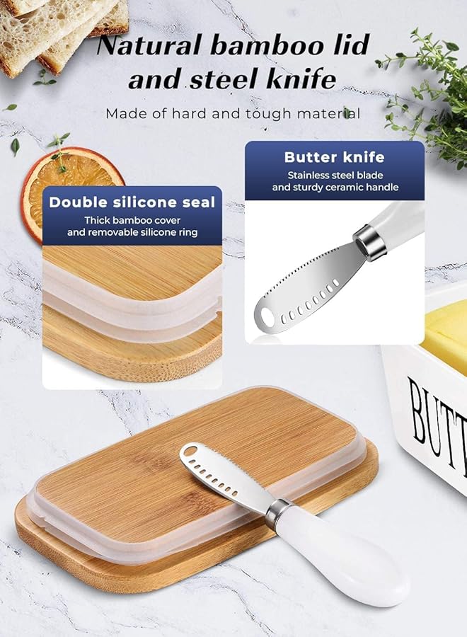 هوكور طبق زبدة كبير مع غطاء، وعاء سيراميك لحفظ الزبدة مع سكين وأطباق زبدة محكمة الغلق من السيليكون عالي الجودة، للمطبخ والطبخ المنزلي - Image 3