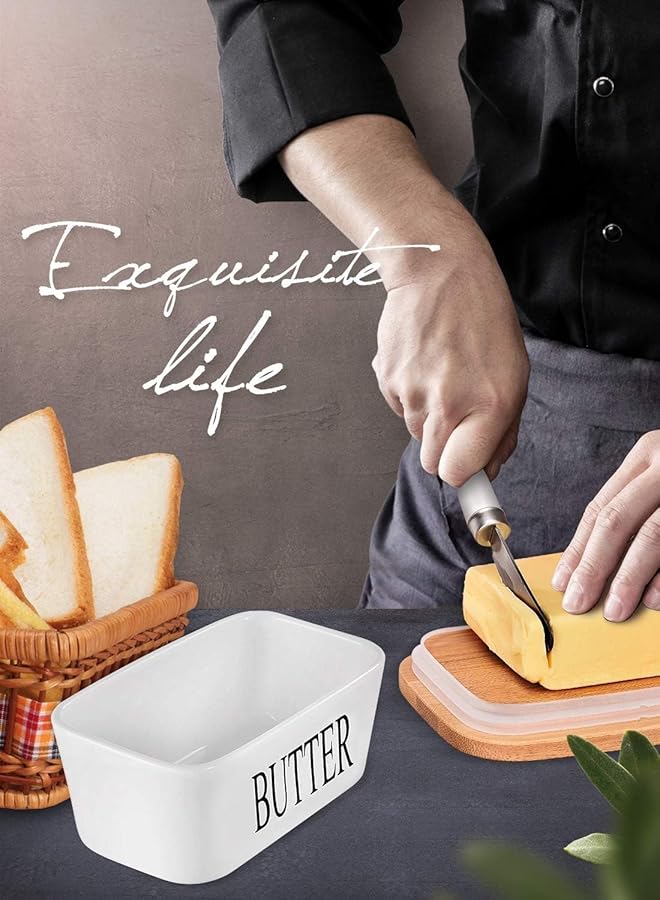 هوكور طبق زبدة كبير مع غطاء، وعاء سيراميك لحفظ الزبدة مع سكين وأطباق زبدة محكمة الغلق من السيليكون عالي الجودة، للمطبخ والطبخ المنزلي - Image 5