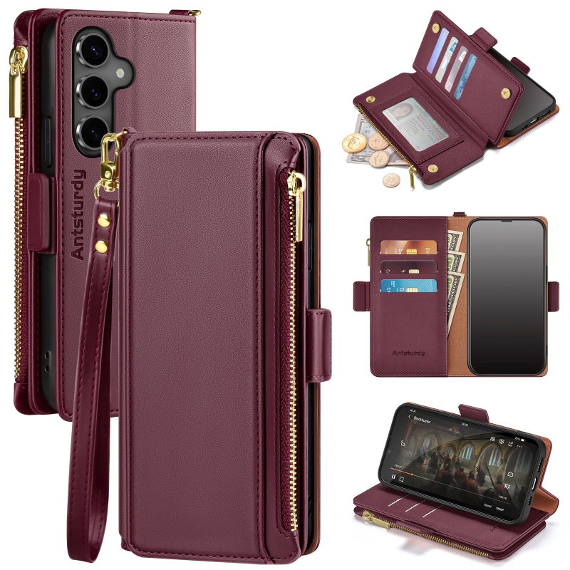 Antsturdy Compatible with Samsung Galaxy S25 FE 5G Wallet Case with Card Holder,PU Leather Phone Case Flip Protective Cover RFID Blocking Wrist Strap Credit Card Slots Kickstand Men Women,Wine Red - Image 1