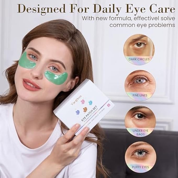 Yargkos 32 Pairs Under Eye Patches, Hydrating Eye Masks for Dark Circles Puffiness Puffy Eyes, Anti Wrinkle Collagen Undereye Pads, 32 Sets Travel Skincare Face Gel (24K Golden+Blue+Pink+Green) - Image 3
