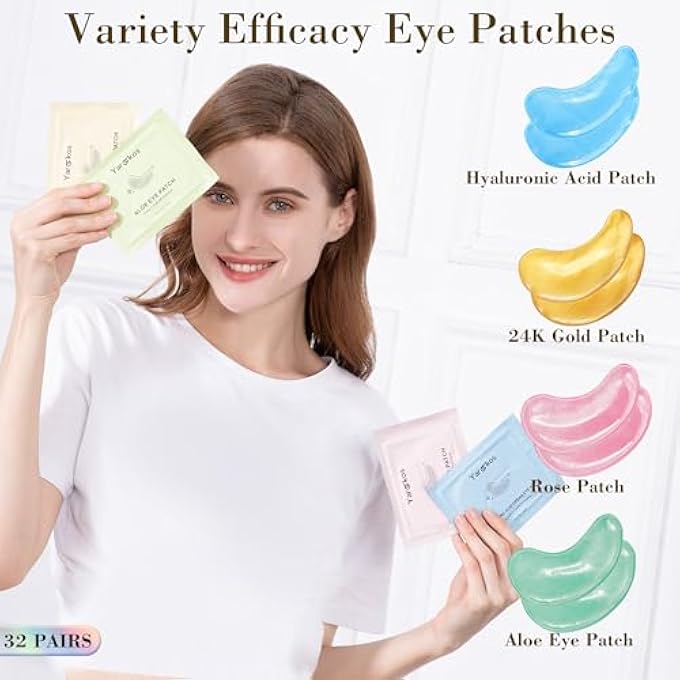 Yargkos 32 Pairs Under Eye Patches, Hydrating Eye Masks for Dark Circles Puffiness Puffy Eyes, Anti Wrinkle Collagen Undereye Pads, 32 Sets Travel Skincare Face Gel (24K Golden+Blue+Pink+Green) - Image 2