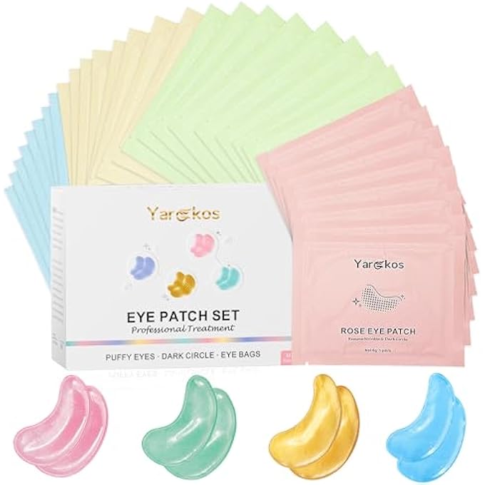 Yargkos 32 Pairs Under Eye Patches, Hydrating Eye Masks for Dark Circles Puffiness Puffy Eyes, Anti Wrinkle Collagen Undereye Pads, 32 Sets Travel Skincare Face Gel (24K Golden+Blue+Pink+Green) - Image 1