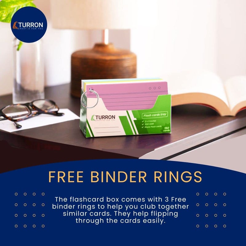 Turron Coloured Index Flash Cards Tray - 5 Colours - 3x5 inch - 150 Cards - 200 GSM Thick (One Side Ruled) - Image 4