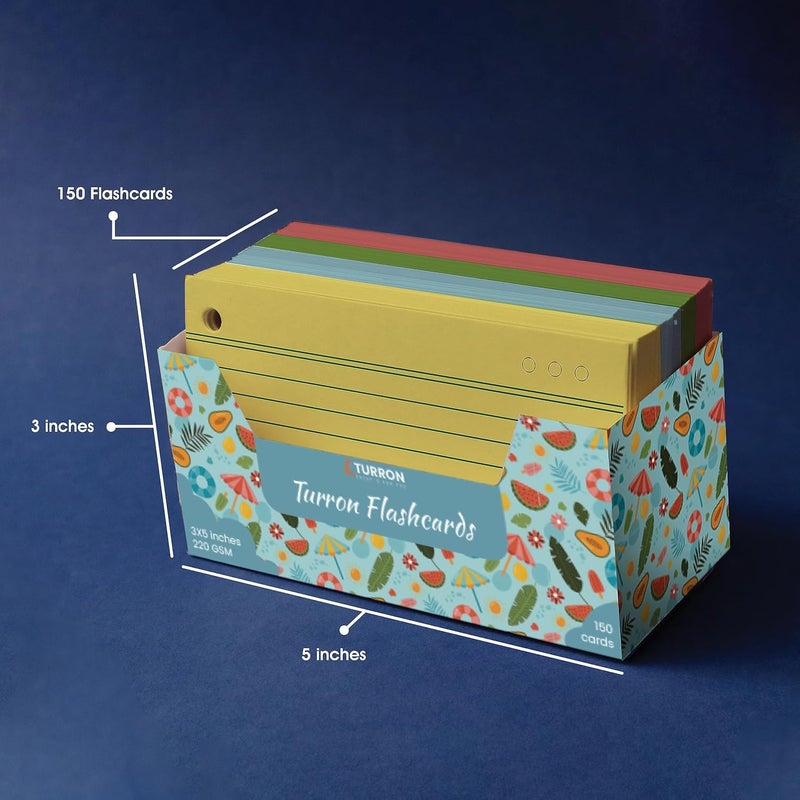 Turron Coloured Index Flash Cards Tray - 5 Colours - 3x5 inch - 150 Cards - 200 GSM Thick (One Side Ruled) - Image 2