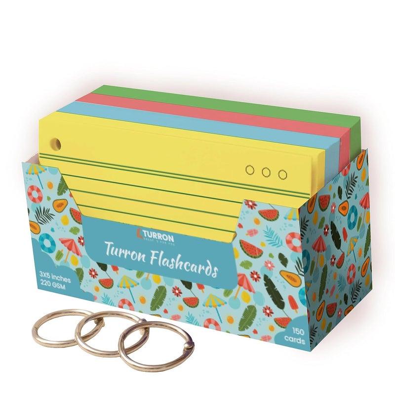 Turron Coloured Index Flash Cards Tray - 5 Colours - 3x5 inch - 150 Cards - 200 GSM Thick (One Side Ruled) - Image 1