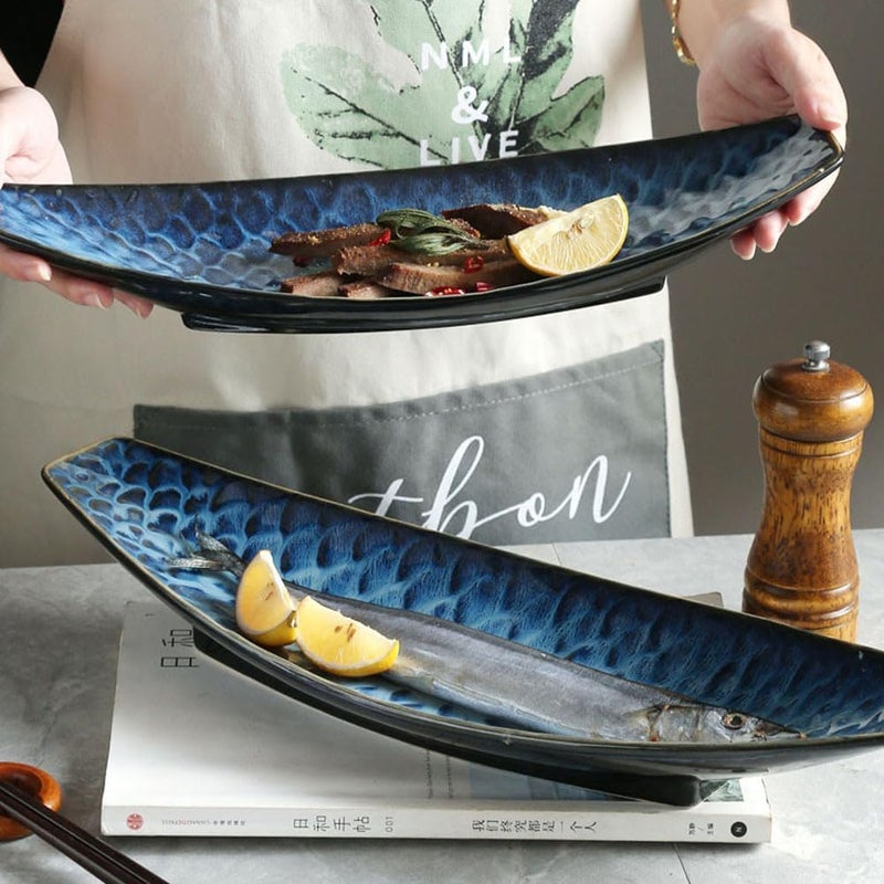 Cabilock Fish Plate Serving Dish Tray for EntertainingJapanese Sashimi Plate Ceramic Serving Platter Decorative Snack Storage Platter for Restaurants Home Kitchen - Image 2