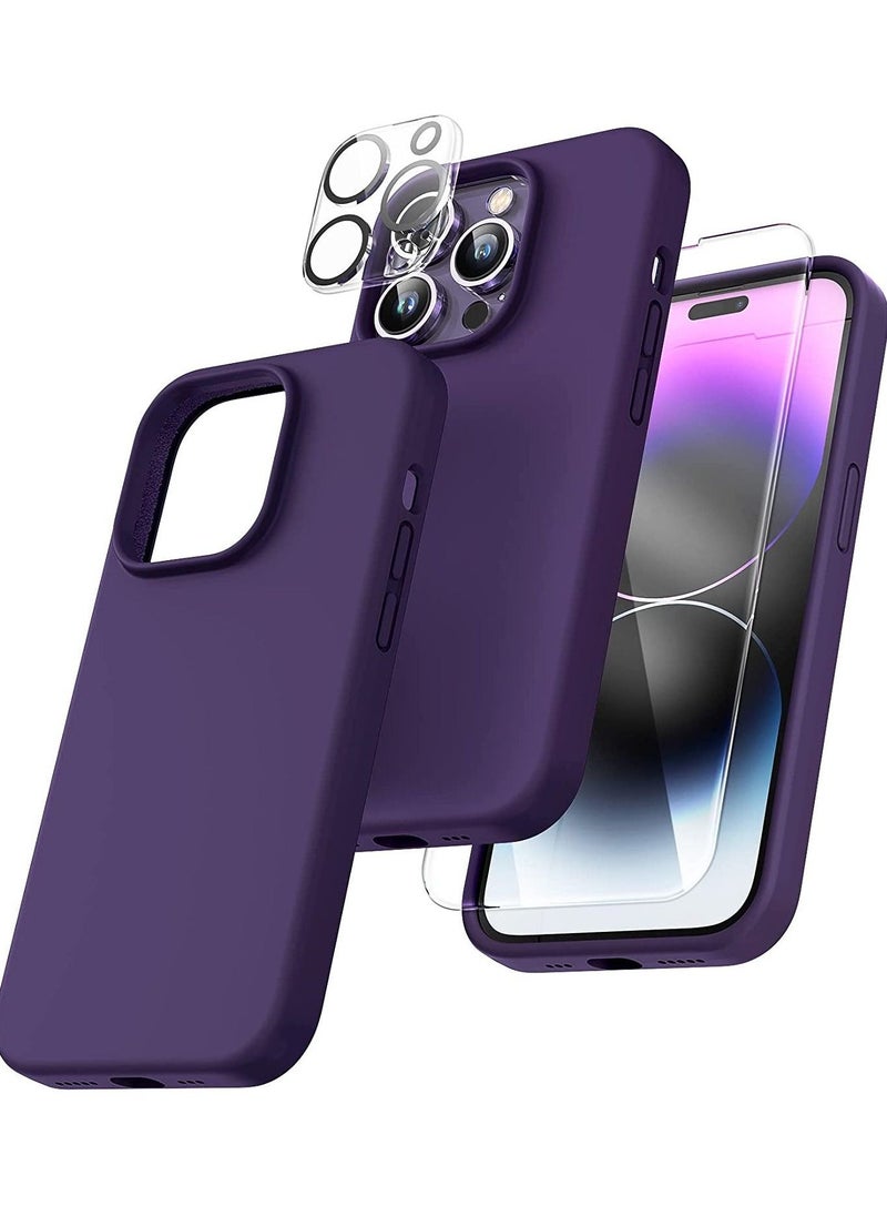 5 in 1 for iPhone 14 Pro Max Case, with 2 Pack Screen Protector + 2 Pack Camera Lens Protector, Liquid Silicone Slim Shockproof Cover [Anti-Scratch] [Drop Protection] 6.7 Inch, Deep Purple - Image 1