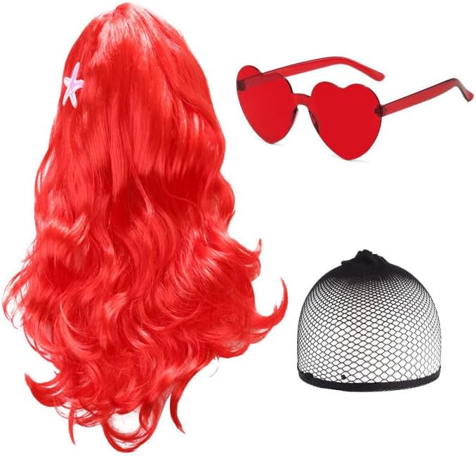 Red Wigs for Women Long Curly Wavy Ladies Fancy Dress Wig Mermaid Costume Wigs Red Sunglass Synthetic Hair Wigs Heat Resistant Full Wig Cosplay Halloween for Adult Kids Themed Party Red