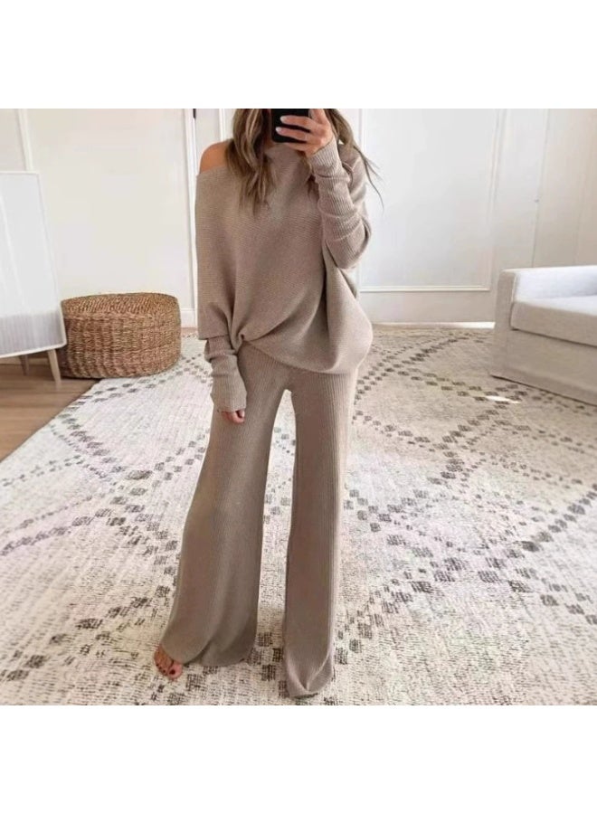 general 2025-2026 Solid-color Simple Batwing Sleeve Long-Sleeved Drawstring High-Waist Wide-Fit Long Pants Knitted Two-Piece Set - Image 1