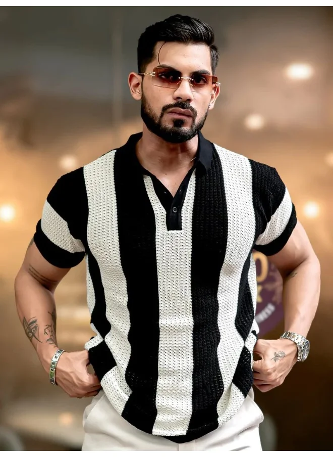 Maniac Maniac Mens Half Sleeve Black and White Aristripe Flat Knit Cotton Polo T-Shirt