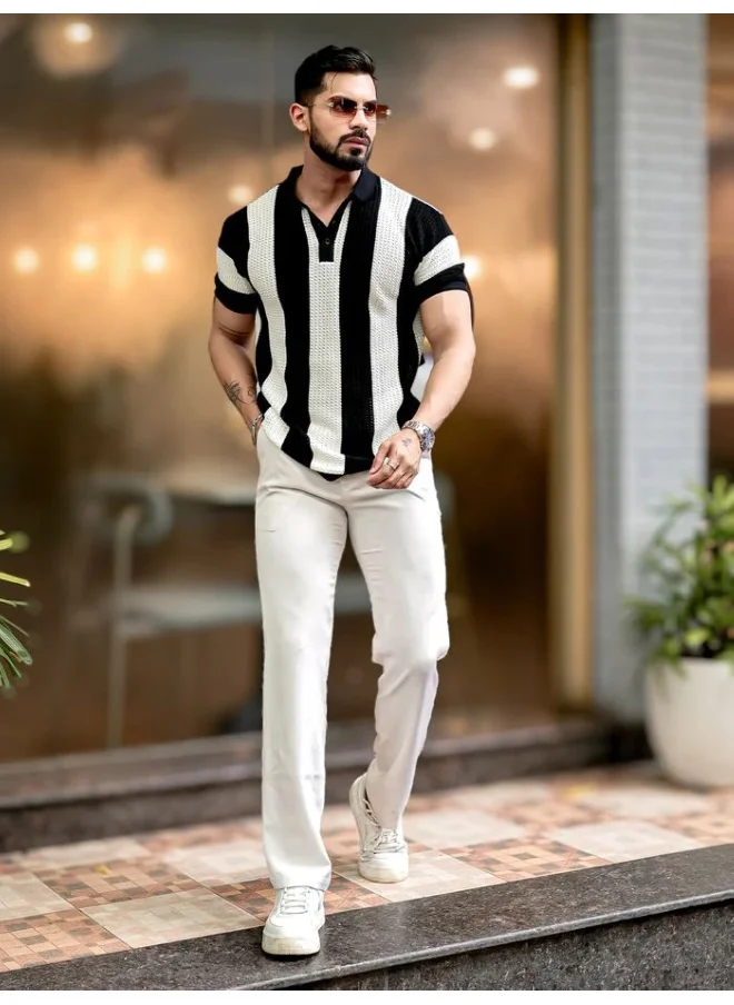 Maniac Maniac Mens Half Sleeve Black and White Aristripe Flat Knit Cotton Polo T-Shirt