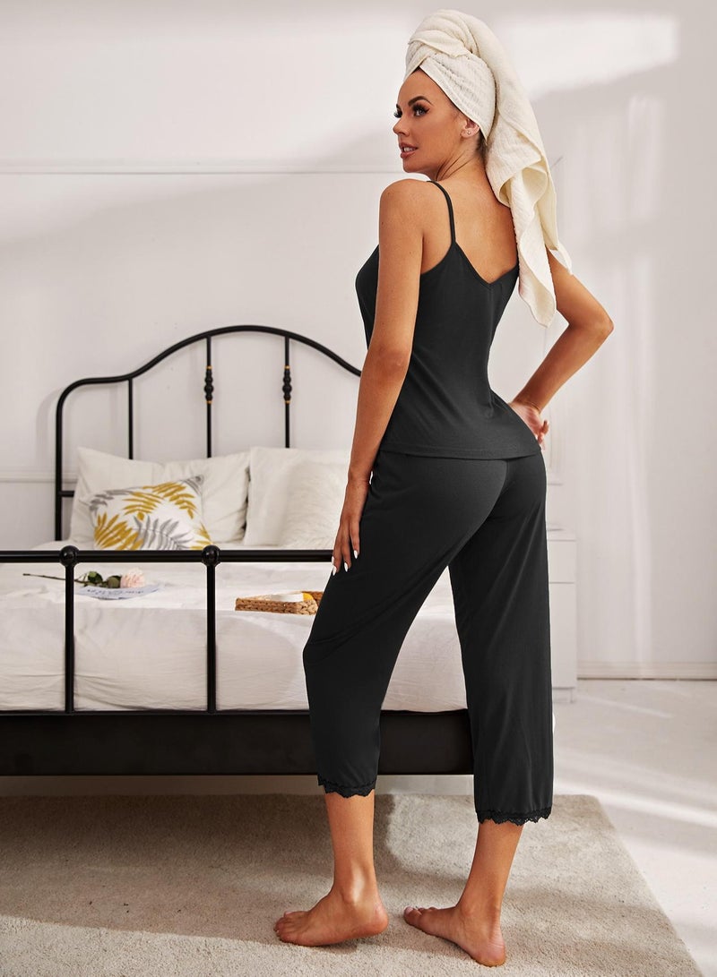 Loquat Women's 2-Piece Set Pajamas V-Neck Camisole Top And Cropped Pants Soft Loungewear Nightgown Suit Leisure Wear Black  - Image 3