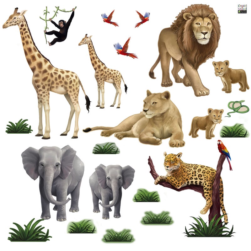 Create-A-Mural Small Jungle Animal Wall Decals 23 Lion Elephant Giraffe Jaguar Monkey Peel  Stick Wild Jungle Safari Theme Ideas Kids Room Decor Wall Stickers Birthday Decoration