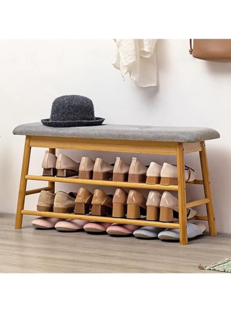 Arabest رف أحذية بني للمدخل، مقعد رف أحذية من الخيزران بطبقتين مع مقعد مبطن منجد، منظم أحذية صغير مع مساحة تخزين للمدخل الداخلي وغرفة النوم وغرفة المعيشة - Image 1