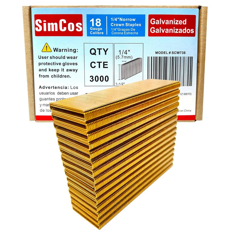 SimCos 18 Gauge 1/4" Narrow Crown Staples, Galvanized Upholstery Staples for 18 GA Pneumatic or Electric Stapler or Staple Gun (1-1/2"-3000 PCS) - Image 1