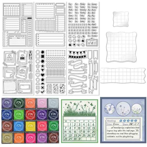 GLASSWINDS 29 Pcs Journal Stamps for Crafting Card Making Supplies Set Include 3 Acrylic Clear Stamp Blocks 6 Clear Silicone Stamps Seals 20 Craft Ink Pads Calendar Planner Stamp for DIY - Image 1