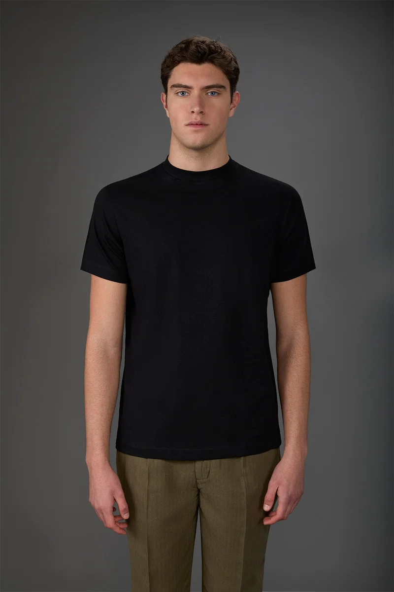 Men's short-sleeved jersey T-shirt with collar 100% cotton - Black