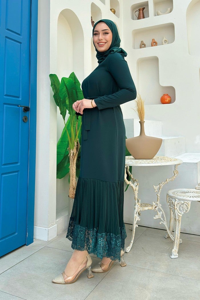 Bym Fashion Pleated Lace Look Belted Dress 3890 Emerald - Image 2