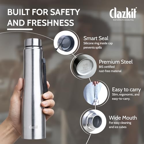 Clazkit Optimus Pro Classic Stainless Steel Water Bottle 1000ml |ISI Certified| Leakproof, Rust-Free, BPA-Free, Durable for College, Fridge, Sports, Gym, Yoga & Office – Easy to Clean & Reusable - Image 3