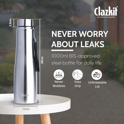 Clazkit Optimus Pro Classic Stainless Steel Water Bottle 1000ml |ISI Certified| Leakproof, Rust-Free, BPA-Free, Durable for College, Fridge, Sports, Gym, Yoga & Office – Easy to Clean & Reusable - Image 4