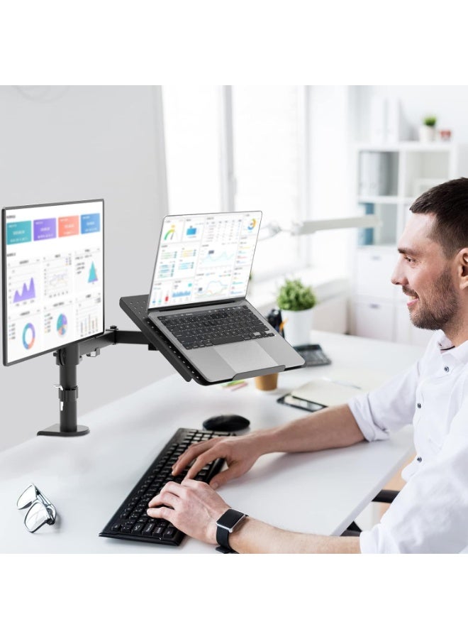 Single LCD Monitor Desk Mount with Adjustable Stand and Extra Laptop Tray – Supports Up to 27" Screen & 17" Laptop, 22 lbs Capacity - Image 3