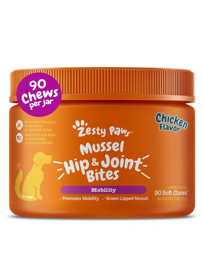 Zesty Paws Mussel Mobility Bites for Dogs - New Zealand Green Lipped Mussel with Natural Glucosamine & Chondroitin + Omega-3 Fatty Acids - Hip & Joint Support Supplement Soft Chews – 90 Count  - Image 1