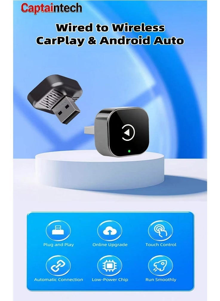 كابتن تيك محول لاسلكي 2 في 1 CarPlay وAndroid Auto، دونجل CarPlay سهل التوصيل والتشغيل يحول السلكي إلى لاسلكي، اتصال تلقائي سريع، بدون تأخير، تصميم مضغوط لأجهزة iPhone وAndroid مع منفذ USB/USB-C (أسود) - Image 1