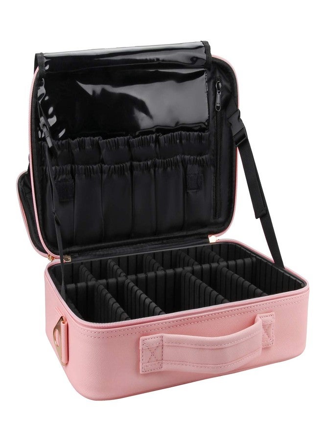 Relavel Makeup Bag Travel Makeup Train Case 13.8 inches Large Cosmetic Case Professional Portable Makeup Brush Holder Organizer and Storage with Adjustable Dividers and Shoulder Strap (Pink) - Image 1