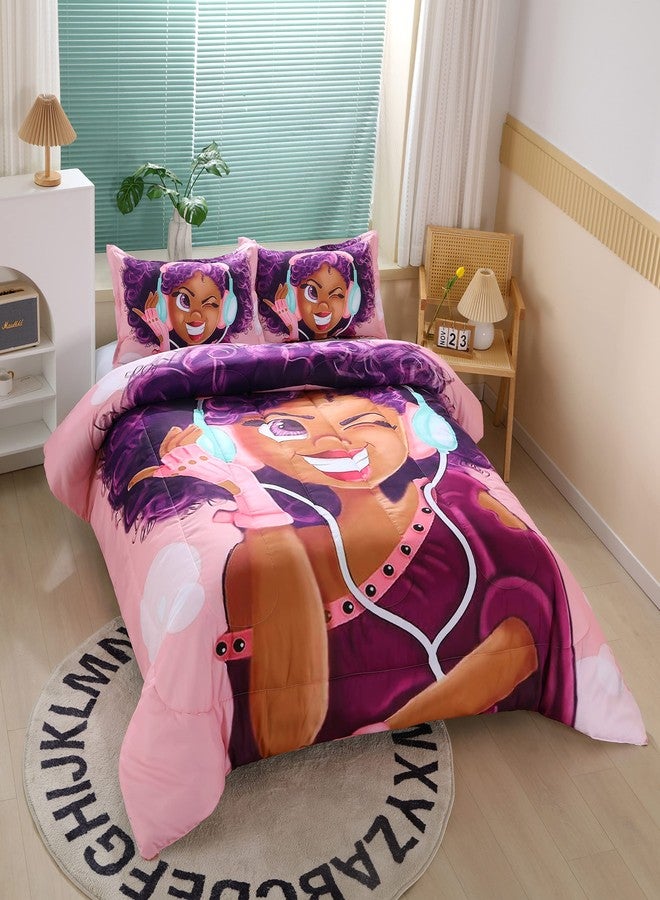 Suncloris African American Black Girl Comforter Set for Kids and Adults, Girls Love Music Purple Hair Themed Bedding Comforter with 2 Afro Hair Magic Girls Pillowcases - - Image 2