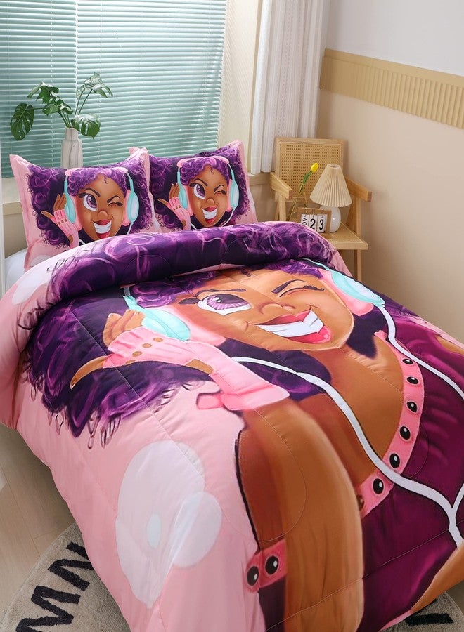 Suncloris African American Black Girl Comforter Set for Kids and Adults, Girls Love Music Purple Hair Themed Bedding Comforter with 2 Afro Hair Magic Girls Pillowcases - - Image 3