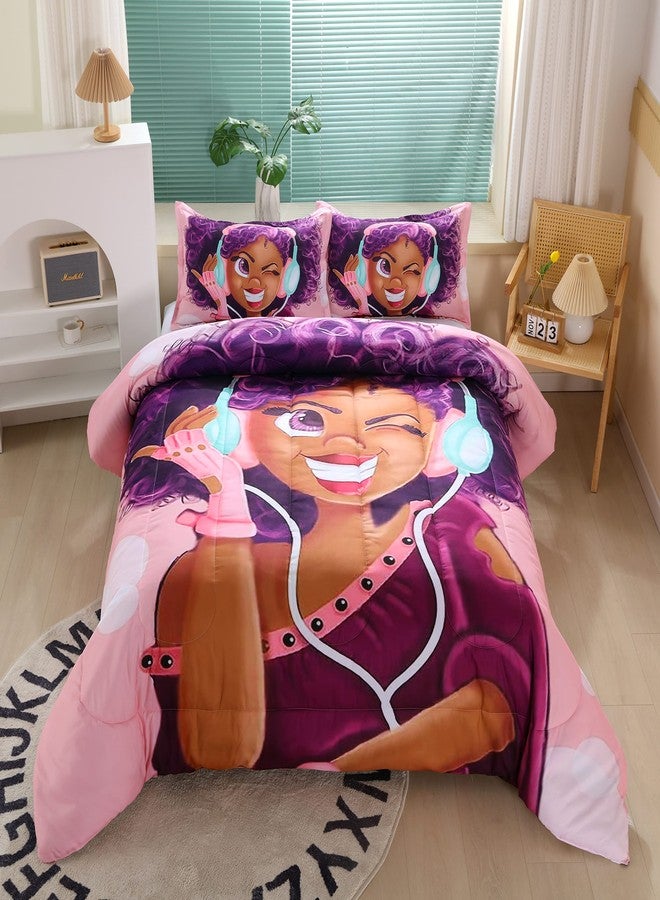 Suncloris African American Black Girl Comforter Set for Kids and Adults, Girls Love Music Purple Hair Themed Bedding Comforter with 2 Afro Hair Magic Girls Pillowcases - - Image 1