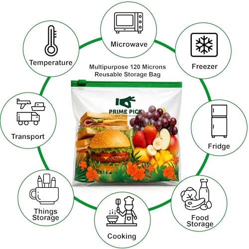Prime Pick Fresh Lock Zip Storage Bags Reusable Food Storage Zip Lock Bags 120 Micron Leak Proof Double Zipper BPA Free Food Grade Freezer Microwave Safe Green Large Pack of 40 - Image 2