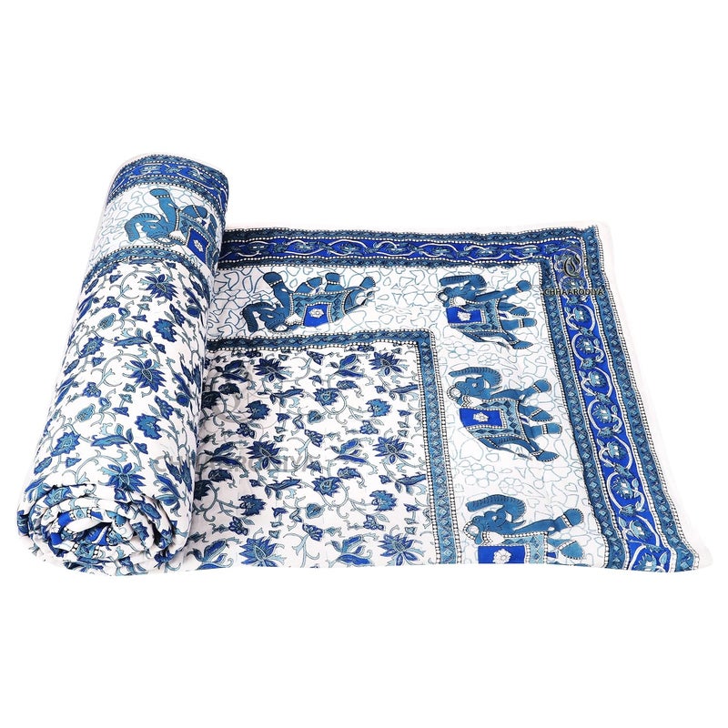 LILFLY Jaipuri Rajasthani Traditional Pure Cotton Single Bed Soft Jaipuri ACWinter QuiltRazai 55 X 85 inch Stitch Including Set of 1 Reversible Lightweight ELEPHANT1BLUE - Image 2