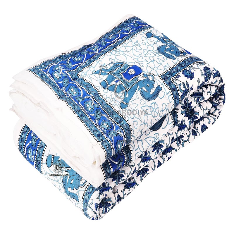 LILFLY Jaipuri Rajasthani Traditional Pure Cotton Single Bed Soft Jaipuri ACWinter QuiltRazai 55 X 85 inch Stitch Including Set of 1 Reversible Lightweight ELEPHANT1BLUE - Image 3