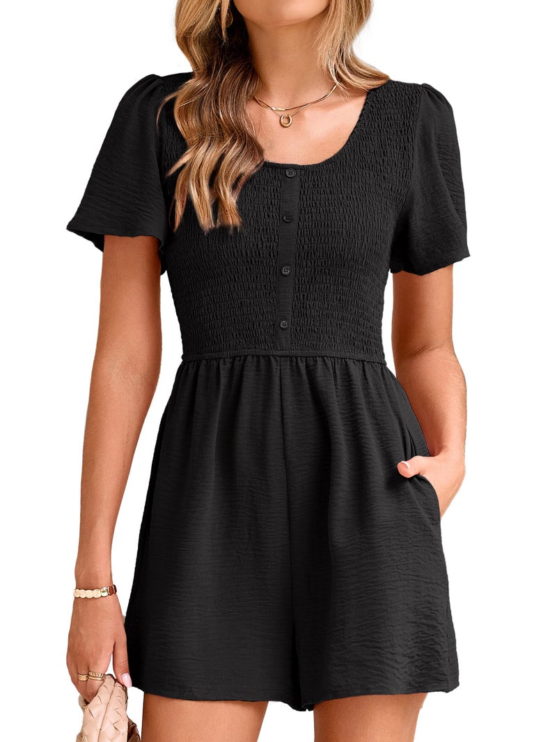 Simplee Apparel Simplee Womens Summer Short Sleeve Romper Casual Loose Decorative Button Smocked Dressy Shorts Jumper Jumpsuit 2025(Black,Medium) - Image 1
