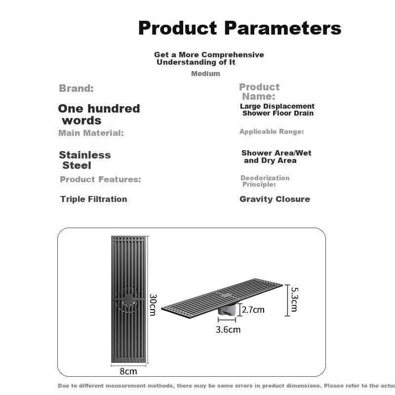 Baizi Rectangular Floor Drain Anti-Odor for Bathroom Shower Room, Extended Large Capacity, 8*30 - Image 1
