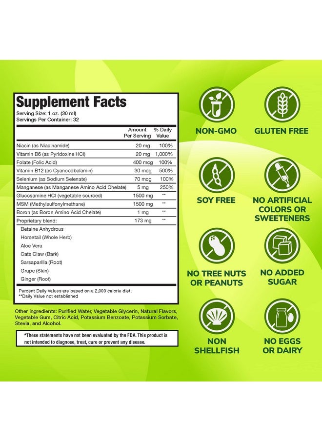 Vegan Liquid Glucosamine Supplement Plus Msm ; 1500Mg Glucosamine With Msm ; Non Shellfish ; Gmo Free ; Joint Support Supplement Derived From Vegetables ; 32 Oz ; Made In Usa
