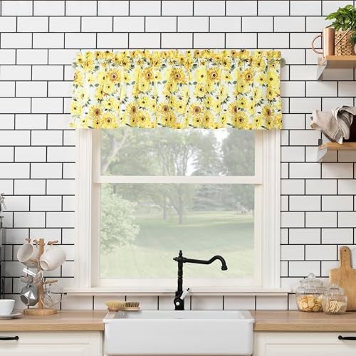 No. 918 Sunbeam Sunflower Print Semi-Sheer Rod Pocket Kitchen Curtain Valance, Yellow, 54" W x 14" L - Image 1