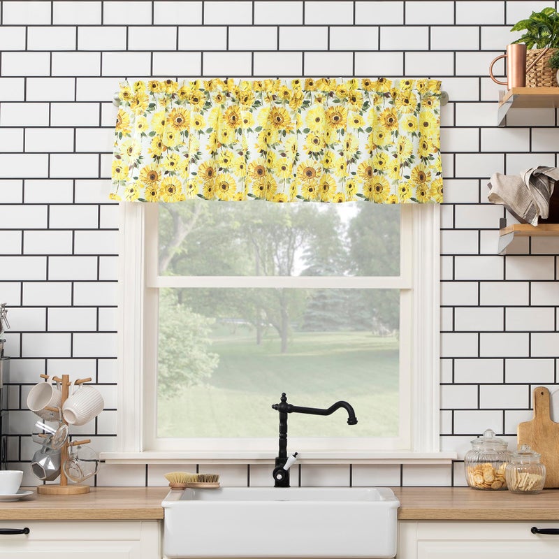No. 918 Sunbeam Sunflower Print Semi-Sheer Rod Pocket Kitchen Curtain Valance, Yellow, 54" W x 14" L - Image 5