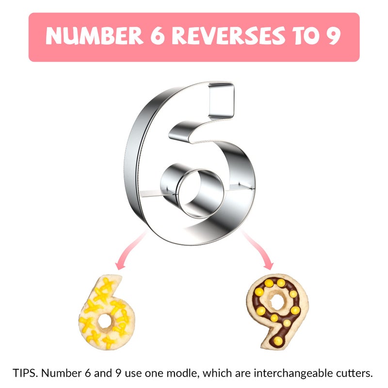 FUSOTO 9PCS Number Cookie Cutters Set, Birthday Numbers 0-8(6 Reverses to 9), Stainless Steel Cookie Cutters for Baking, Number Shaped Baking Tool for Homemaking Biscuits, Cookie, Dough - Image 2