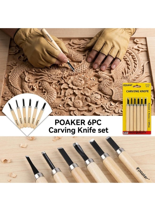 Poaker 6PCS Wood Carving Knife Set – Hand Woodcut Chisels Tools for DIY Woodworking, Sculpture, Engraving & Craft Carving with Wooden Handles - Image 5