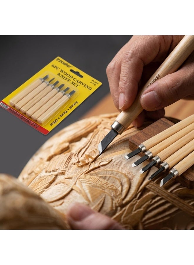 Poaker 6PCS Wood Carving Knife Set – Hand Woodcut Chisels Tools for DIY Woodworking, Sculpture, Engraving & Craft Carving with Wooden Handles - Image 4