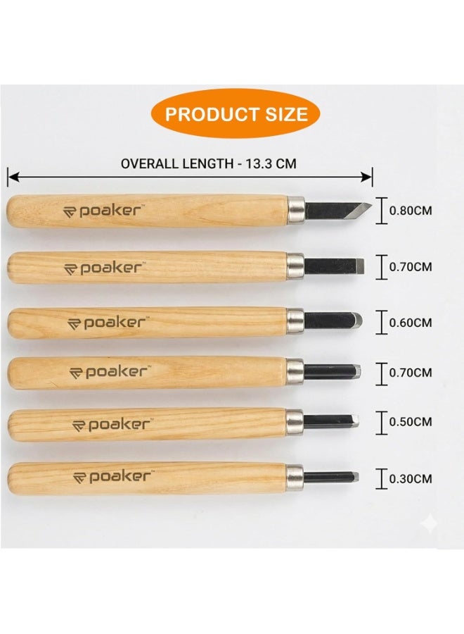 Poaker 6PCS Wood Carving Knife Set – Hand Woodcut Chisels Tools for DIY Woodworking, Sculpture, Engraving & Craft Carving with Wooden Handles - Image 2
