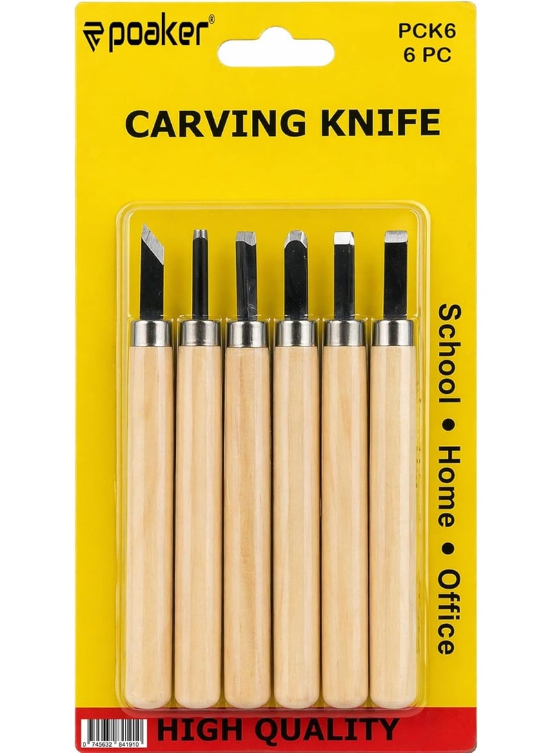 Poaker 6PCS Wood Carving Knife Set – Hand Woodcut Chisels Tools for DIY Woodworking, Sculpture, Engraving & Craft Carving with Wooden Handles - Image 1