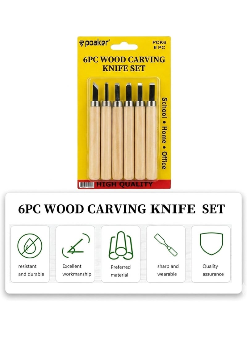 Poaker 6PCS Wood Carving Knife Set – Hand Woodcut Chisels Tools for DIY Woodworking, Sculpture, Engraving & Craft Carving with Wooden Handles - Image 3
