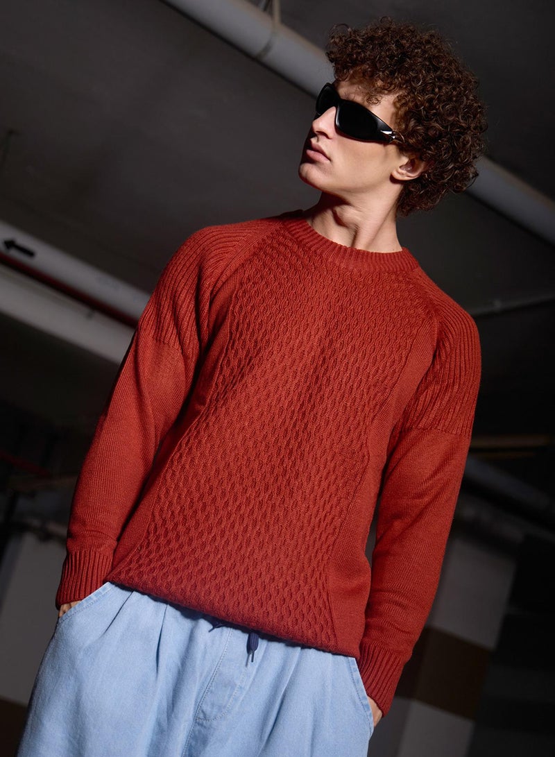 Campus Sutra Men's Ash Brown Mesh-Knit Pullover Sweater  - Image 2