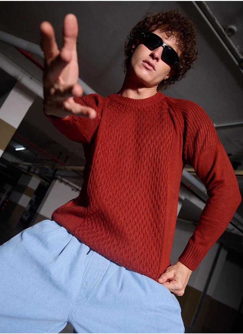 كامبوس سوترا Men's Ash Brown Mesh-Knit Pullover Sweater