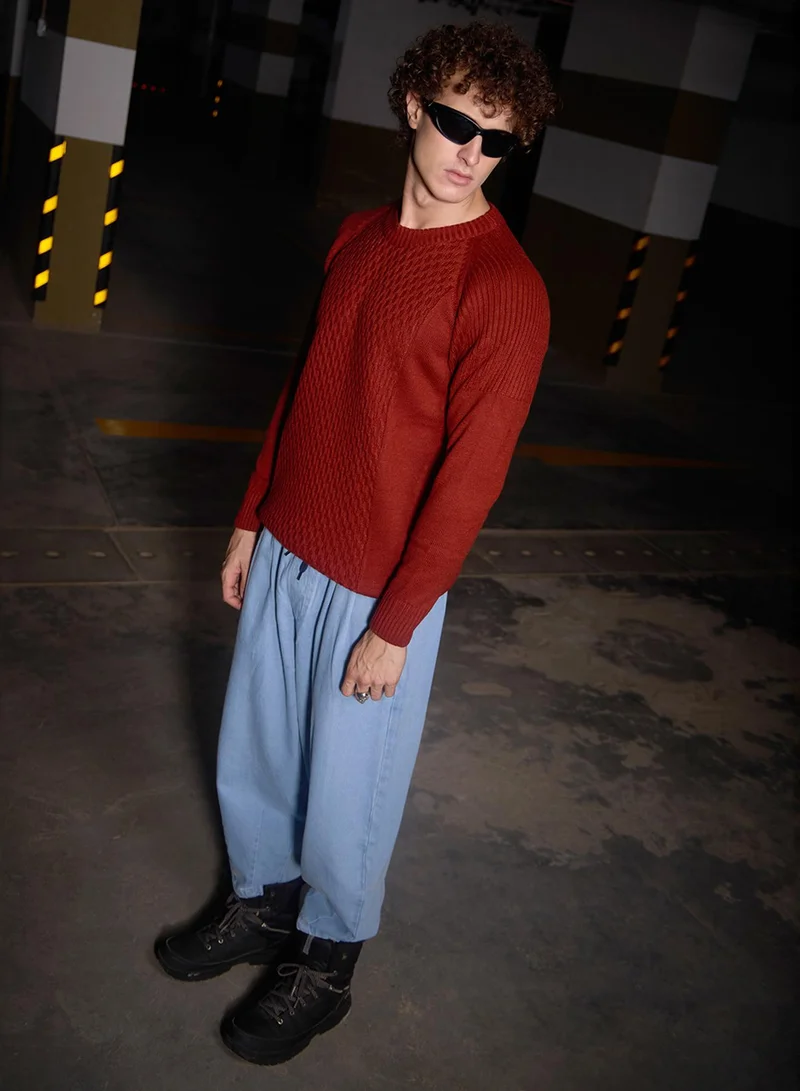 Campus Sutra Men's Ash Brown Mesh-Knit Pullover Sweater