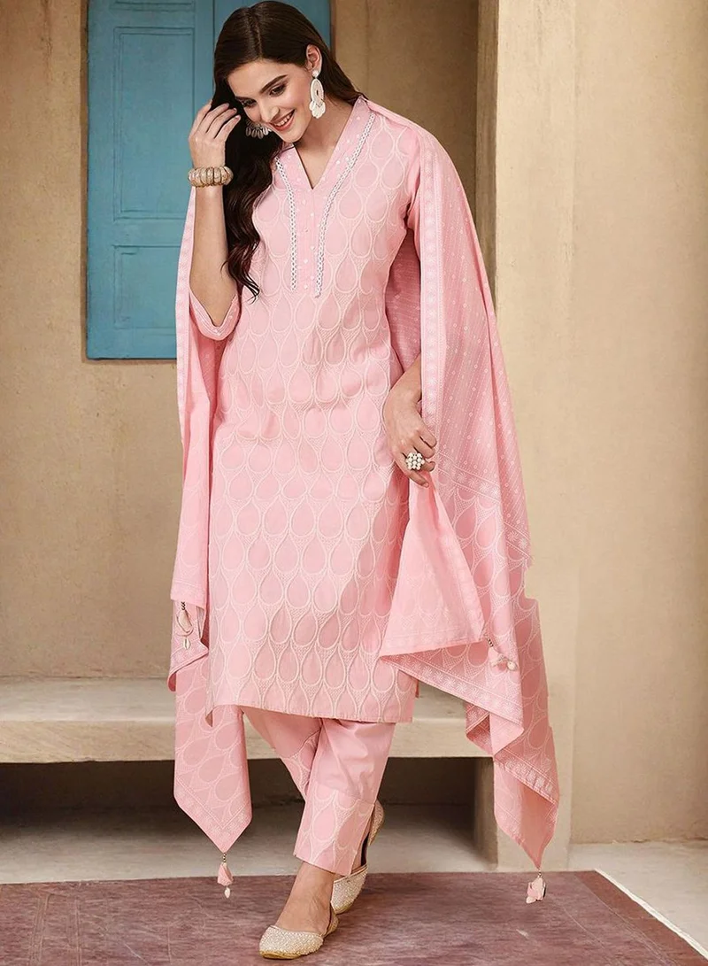 آي شين Women's Pink 100% Cotton Printed Tunic Full Length Casual Straight Fit Kurta Set