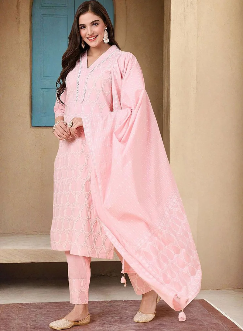 آي شين Women's Pink 100% Cotton Printed Tunic Full Length Casual Straight Fit Kurta Set